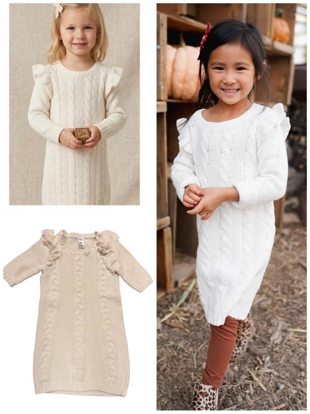 Girls Cream Cable Knit Dress with Ruffle Shoulders, Carter’s Kid, 6/6x
